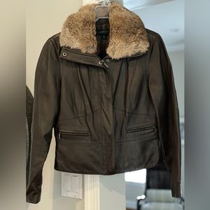 Siena Studio Chocolate Brown Leather Jacket with Fur Collar Size M